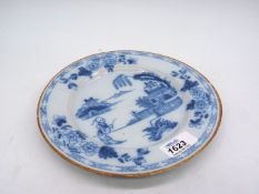 A rare English Delft blue and white plate with Chinese figure in a landscape, 18th Century,