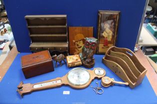 A quantity of Treen including miniature Welsh dresser, letter rack, money box, castanets, owl,
