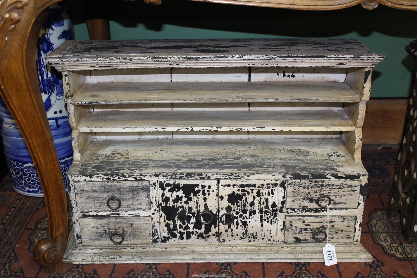 A 19th c rustic provincial mixed wood miniature Dresser with plate shelves,