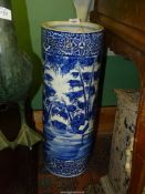 A blue and white oriental Umbrella stand, a/f, 24" tall.