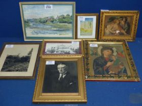 A small quantity of prints/painting including a watercolour initialed W "92" engraving of Romsey