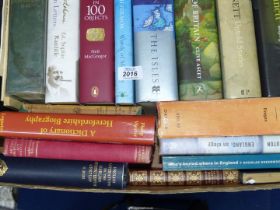A box of hardback Books by Alan Bennett, Norman Davies, Trench's Study of Words, etc.