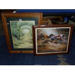 A framed David French Print "Boxed in", along with a large print of a garden scene in a pine frame.