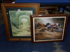 A framed David French Print "Boxed in", along with a large print of a garden scene in a pine frame.