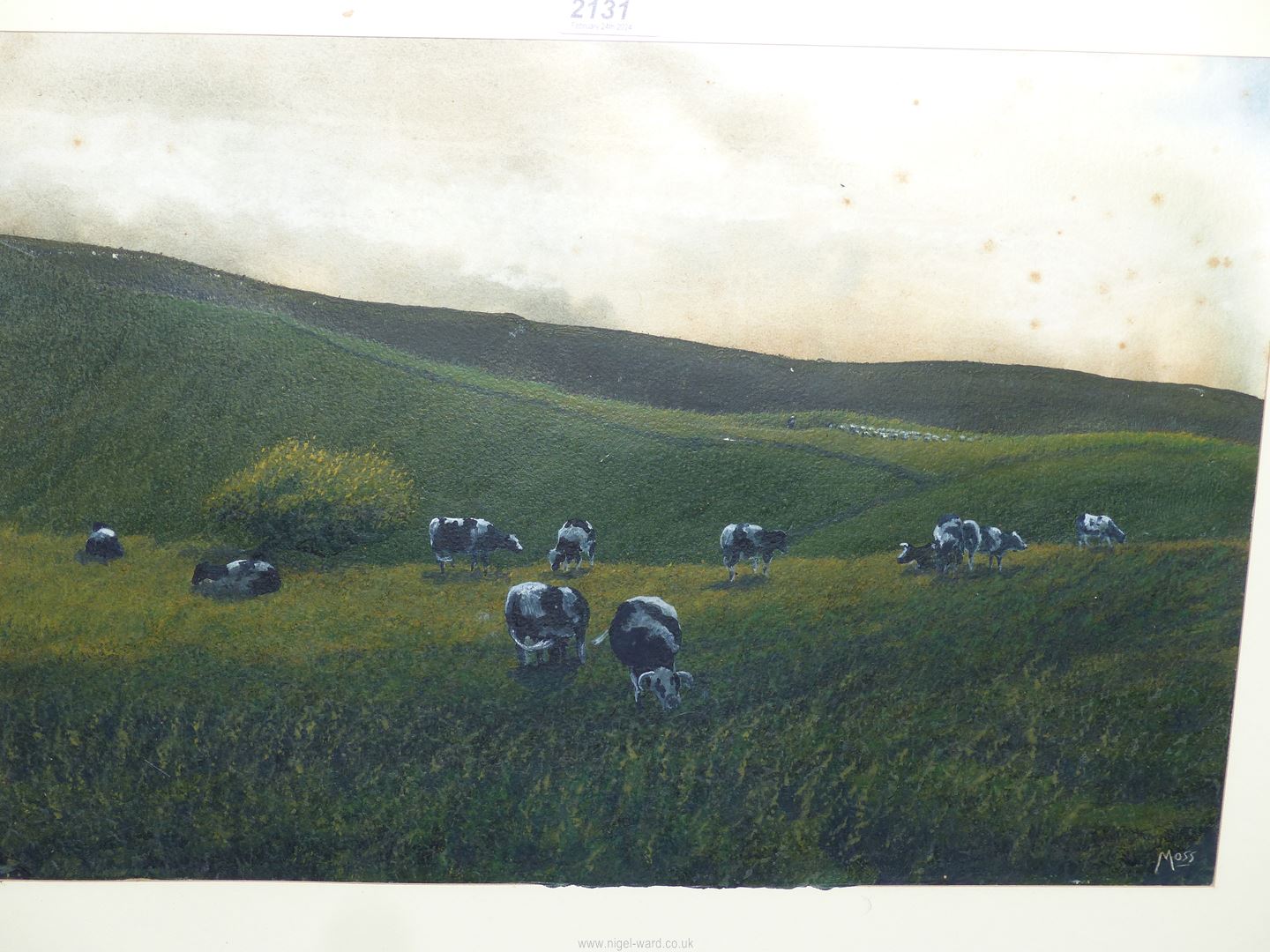 A Watercolour of Friesian cows at pasture titled 'Cattle at Sunset', signed lower right 'Moss', - Image 2 of 3