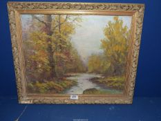 A framed Oil on board depicting a River landscape, signed lower right Evelyn Jacobs.