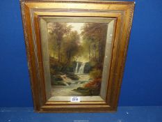 A framed Oil on canvas of a fast flowing river with waterfalls and tree lined banks, signed G.