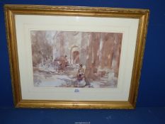 A Print by Sir William Russell Flint of Gypsies outside a church.