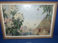 Attributed to Edwin Boyd, Watercolour of fly trapped in spiders web against background of cottage,