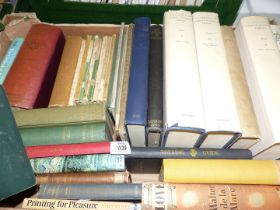 A box of Books to include Three volumes of Horace Walpoles Library, Mrs.