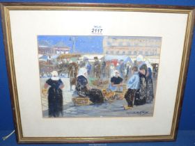 A framed and mounted Watercolour depicting a Continental street market scene,