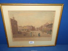 A framed and mounted colour engraving titled "A view of the Market place" in Leicester.