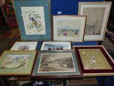A box of watercolours and prints including Bailes Cottage Fownhope, A.