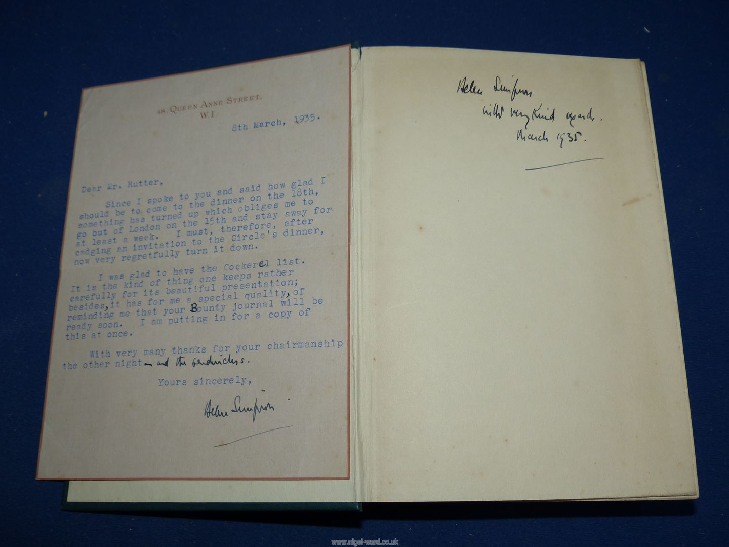 A first edition Copy of Saraband for Dead Lovers by Helen Simpson 1935 containing a letter to Mr. - Image 3 of 7