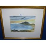 A well executed Watercolour by Colin Moss of a coastal skyline and Bambrough castle,