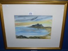 A well executed Watercolour by Colin Moss of a coastal skyline and Bambrough castle,