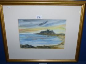 A well executed Watercolour by Colin Moss of a coastal skyline and Bambrough castle,