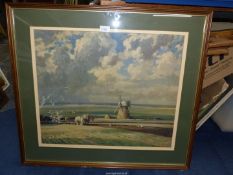A large Print of ploughing with horses in wide flat landscape and huge cloudy sky with windmill and