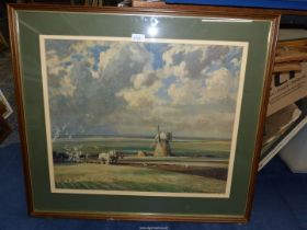 A large Print of ploughing with horses in wide flat landscape and huge cloudy sky with windmill and