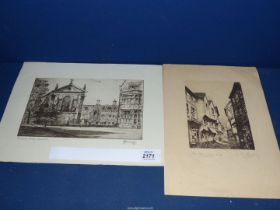 Two unframed etchings one by R Warwick of Pembroke Collage Cambridge,