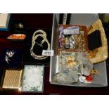 A quantity of costume jewellery including silver studs and silver clip-on hoops, bead necklaces,