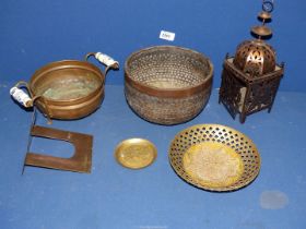 A quantity of metals including a Moorish style copper light holder,