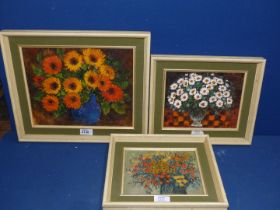 Three framed Oils on boards depicting floral still life, one signed 'Patty'.