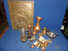 A quantity of copper and other metals including; copper vases, silver plate gravy boat, cutlery,