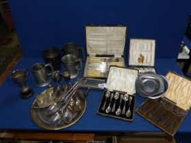 A quantity of EPNS including; cased pastry forks & teaspoons, cruets, cutlery, plus pewter tankards,