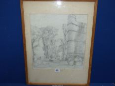 A Drawing entitled 'Horses at Donnington Castle' by Rodney Joseph Burn (New English Art Club),
