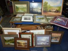 A box of paintings to include; M Naylor settlers cabin New South Wales Australia, M.