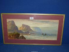 A framed and mounted Watercolour, depicting a coastal scene with sailing boats,