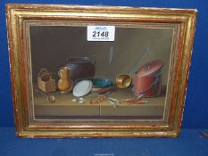 A small gilt framed still life Gouache - Cooking utensils.