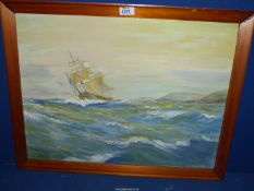 A wooden framed Oil on board depicting a sailing ship on rough seas, signed lower right William P...