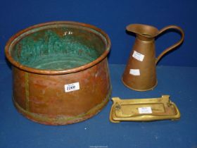 A large copper bowl, 11 1/2" diameter x 7" high, plus a brass jug and brass letter box/door knocker.