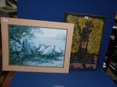 A unframed Lausen Print of Shepherdess with sheep and an Aboriginal print on fabric.