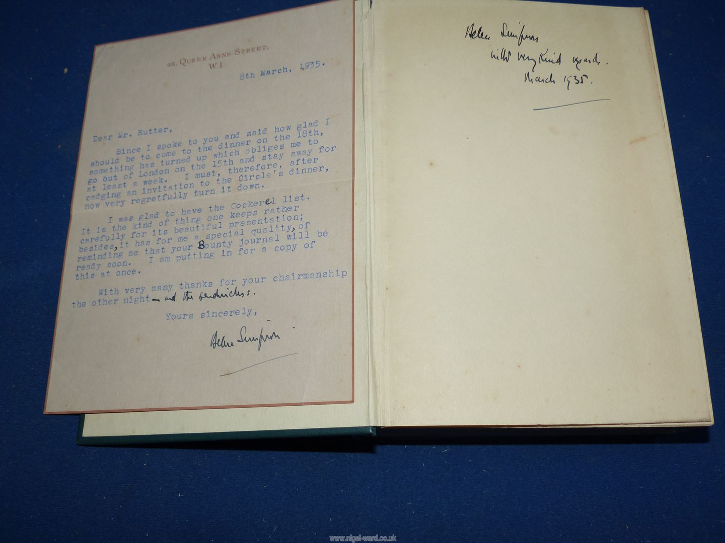 A first edition Copy of Saraband for Dead Lovers by Helen Simpson 1935 containing a letter to Mr. - Image 2 of 7
