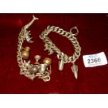 Two silver plate chain bracelets together with various charms,