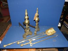 A set of large Victorian brass and iron Fire Dogs, 17" tall with tongs, shovel and poker.