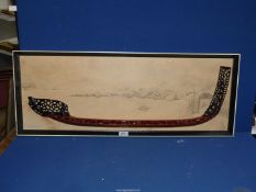 A half model Maori War Canoe against printed background, 90cm x 34cm.