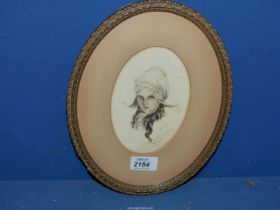 An oval framed and mounted Watercolour depicting a Portrait of a young girl, signed Jane A.