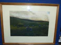 A Watercolour of Friesian cows at pasture titled 'Cattle at Sunset', signed lower right 'Moss',