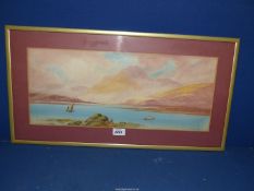 A framed and mounted Watercolour of a loch landscape with sailing boat and a rowing boat,