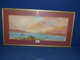 A framed and mounted Watercolour of a loch landscape with sailing boat and a rowing boat,