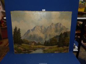 An unframed Oil on canvas depicting a timber chalet by a river with snow capped rugged mountains in