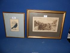 A hand coloured copper engraving print of a rook together with a sepia print of a water ferry.