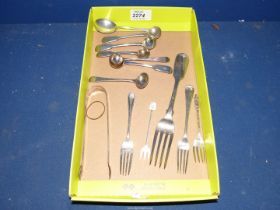 A quantity of Silver cutlery including mustard spoons, forks and sugar tongs,