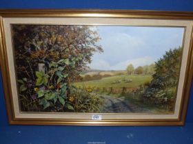 A framed oil on board titled verso 'September walk' depicting fields of sheep with hedgerow in the