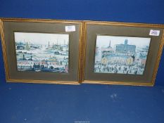 Two framed and mounted Lowry prints of an Industrial landscape and VE Day Victory in Europe.