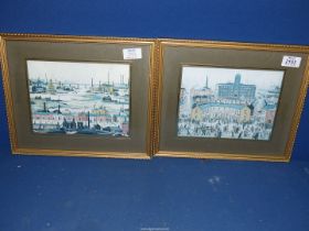 Two framed and mounted Lowry prints of an Industrial landscape and VE Day Victory in Europe.